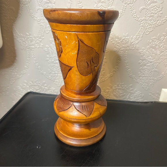Handcrafted Wooden Vase Folk Art Wood Carved Floral Design 9” high 4.5” across - Picture 3 of 6
